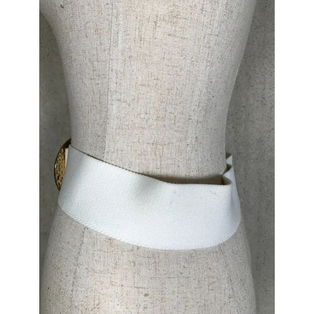 Vintage Statement Belt Womens Gold Accent White Elastic Waist 90s‎ Retro Wide